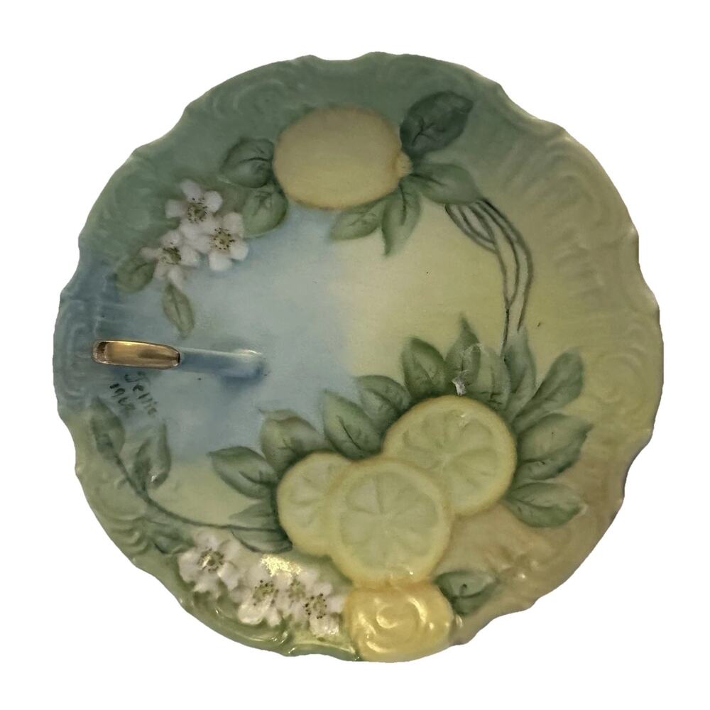 Spring Nappy Trinket Dish Lemon Gold Handle Signed 1969 Hand Painted Porcelain